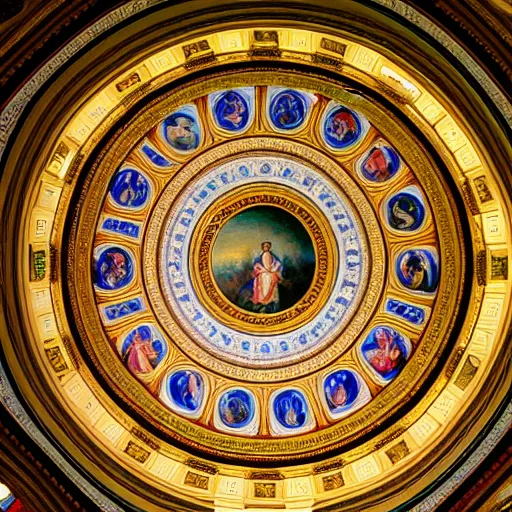 Prompt: photo of an ornated circular ceiling, full of paintings of angels, centered symmetrical highly detailed