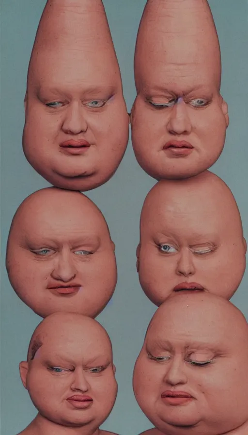 Image similar to obese coneheads, detailed facial features, 1 9 8 0 aesthetic