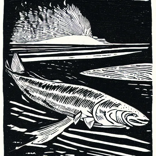 Image similar to linoprint of a salmon breaking ice on the river ex libris