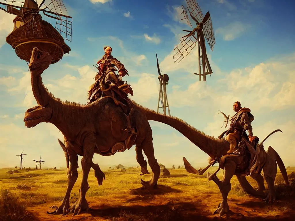 Image similar to portrait of don quixote sitting on a dinosaur in front of a windmill, summer, sun in the zenith, digital art, highly detailed, stunning scene, 4 k, realism, bright colors, trending on artstation