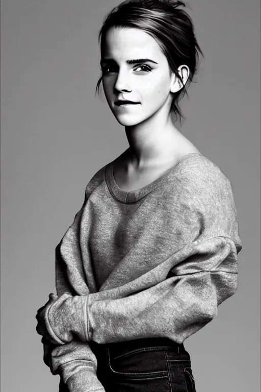 Image similar to emma watson smiling oversized sweatshirt jeans gaston bussiere craig mullins j. c. leyendecker richard avedon peter lindbergh