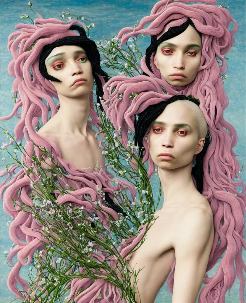 Image similar to 1 figure!!!!!!, the non-binary deity of Spring, resembling a mix of Grimes, Aurora Aksnes, and Zoë Kravitz, in a style blend of Botticelli, Möbius and Æon Flux, the figure is made out of spring flora and fauna, surrealism, stunningly detailed artwork, hyper photorealistic 4K, stunning gradient colors, very fine inking lines