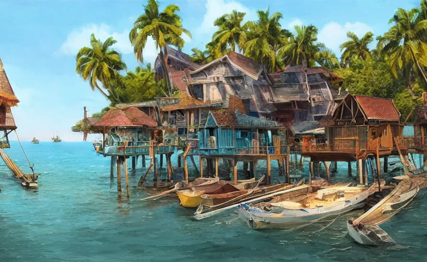 Image similar to a little fisher village on a tropical island, wood pier and houses, nets and boats, house made with boat parts, scenic view, bright day, matte painting by marc simonetti and rhads and donato giancola, trending on artstation