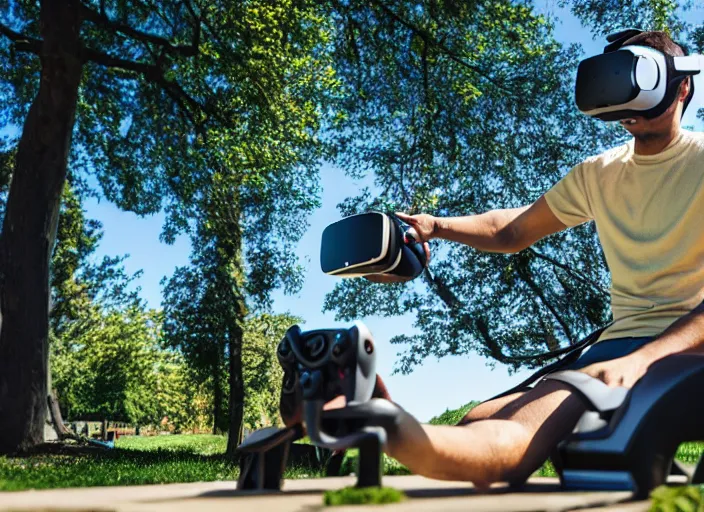 Image similar to photo still of a bronze statue of a man gaming in vr in a park on a bright sunny day, 8 k 8 5 mm f 1 6