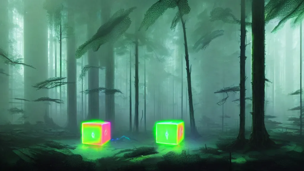 Image similar to a huge indeterminate color alien cube with a strange texture from nanotechnology, with neon color from its depths, forgotten and lost in the forest, detailed digital art by greg rutkowski.