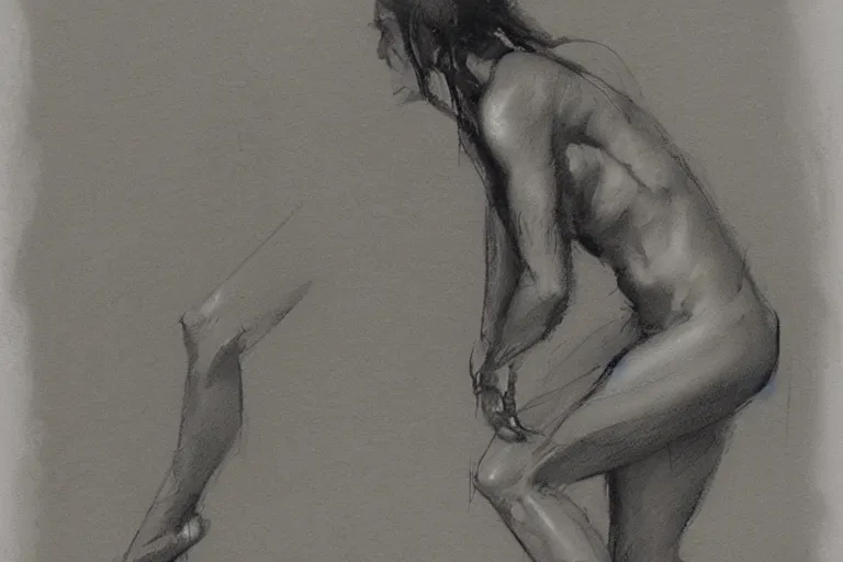 Image similar to sketch on paper of a model posing, anatomy study by jeremy mann and greg rutkowski