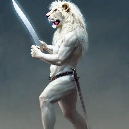 Image similar to commission of a male anthropomorphic albino lion holding a sword,digital art,art by greg rutkowski,trevor henderson,ross tran,photorealistic,hyperdetailes,highly realistic,natural lighting,deviantart,artstation,dramatic,cinematic,4k,western comic style