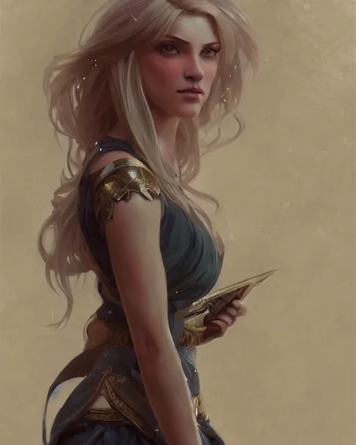 Image similar to '' Portrait of Beautiful blonde Slavic woman, league of legends, LOL, fantasy, d&d, digital painting, artstation, concept art, sharp focus, illustration, art by greg rutkowski and alphonse mucha ''