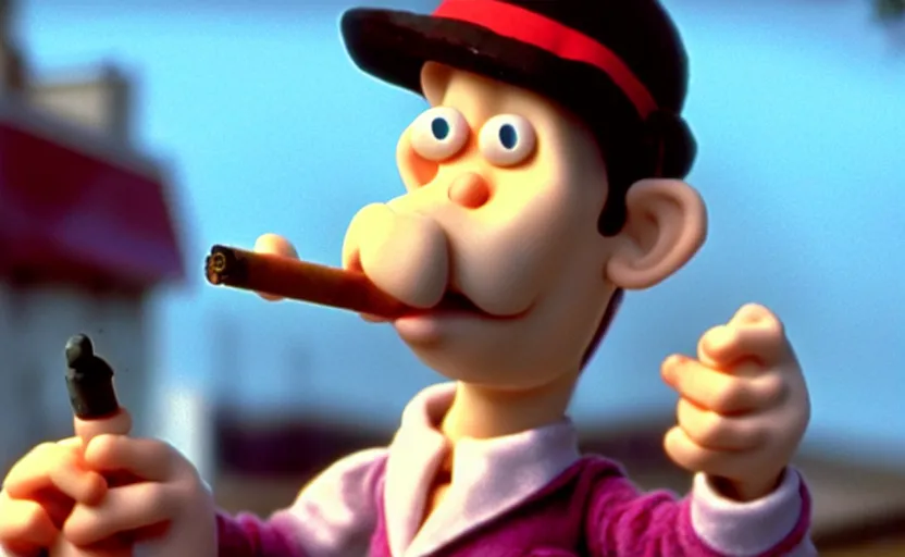 Image similar to Wallace smoking crack from a crack pipe in a still from the short movie A Grand Day Out (1989), Wallace and Gromit, Aardman Animations, claymation, 4k, high quality