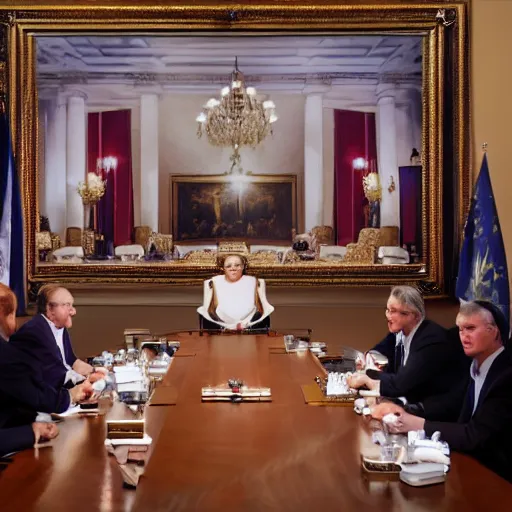 Prompt: 8k photo of a queen addressing a cabinet meeting. Nikon, beautiful lights, golden