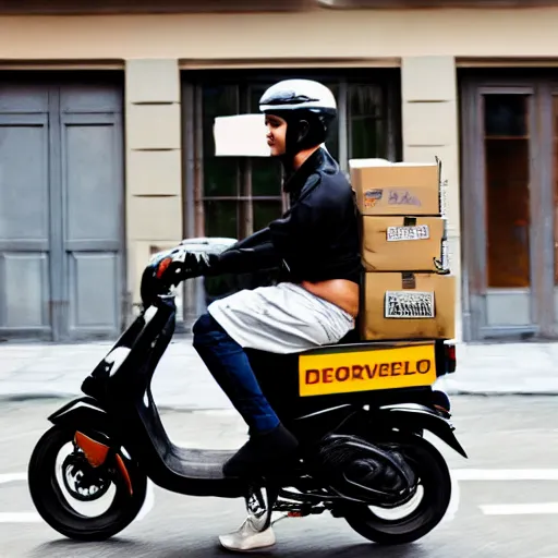 Image similar to delivery driver on moped delivering packages, extremely high quality, artistic rendering, cartoon, sharp, no blur, edited, white background