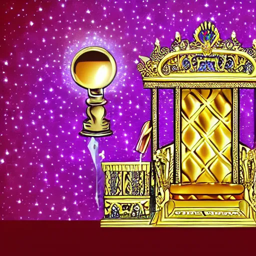 Prompt: cartoon of a shining majestic throne made of millions of diamonds, gold and zaphires with thousands of light reflections, and a clown on a tuxedo suit is sitting on the throne while handing a golden globe, dramatic light