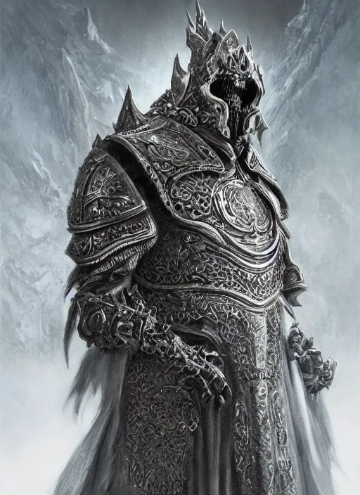 Image similar to a highly detailed character portrait of the Lich King, ornate gothic armor, intricate, digital painting, artstation, intricate, concept art, smooth, sharp focus, illustration, art by Zdzislaw Beksinski