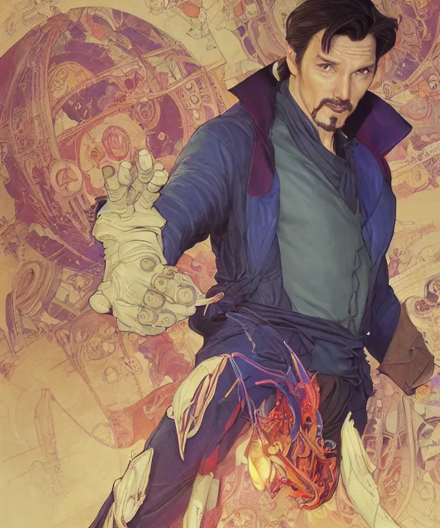 Image similar to Jack Quiad as Dr Stephen Strange, highly detailed, digital painting, artstation, concept art, smooth, sharp focus, illustration, ArtStation, art by artgerm and greg rutkowski and alphonse mucha and J. C. Leyendecker and Edmund Blair Leighton and Katsuhiro Otomo and Geof Darrow and Phil hale and Ashley wood and Ilya repin and Charlie Bowater