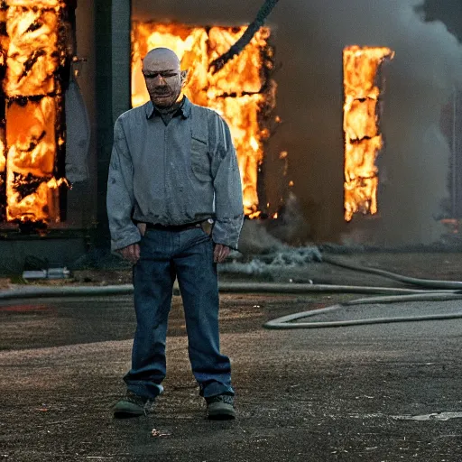 Image similar to a photo of walter white standing in front of a building on fire, highly detailed, 4 k