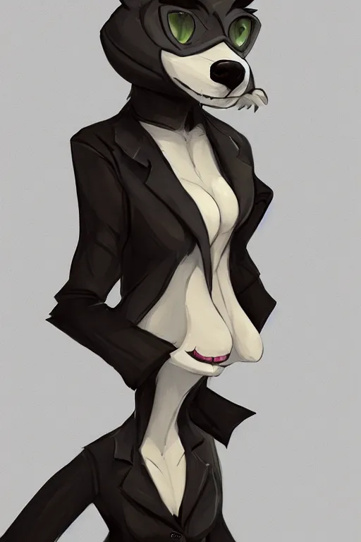 Prompt: art of anthromorphic female wolf, in style of cory loftis, female fursona, furry, furaffinity, 4 k, deviantart, furry art, fursona art, wearing black business suit, business suit, in style of cory loftis, wolf fursona, cyberpunk, female, very expressive detailed feminine face,