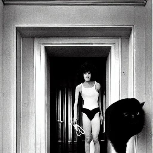 Image similar to detailed still of Sigourney Weaver wearing a white singlet and her cat moving apartment New York City 1983, gothic building entrance way Art Deco, cinematic feel, high octane