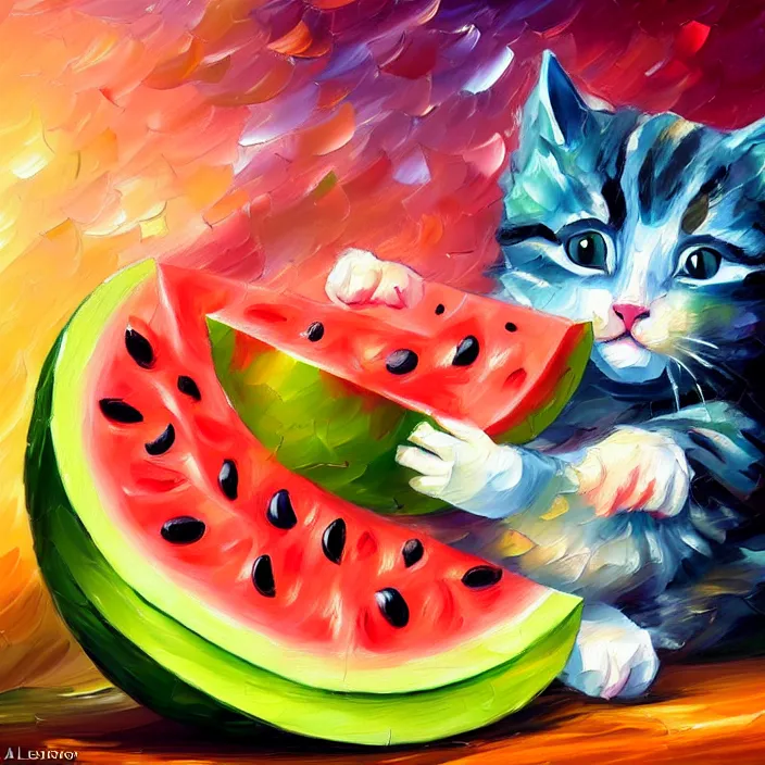 Image similar to colourful painting of cute little kitty and watermelon, art in paul lehr and leonid afremov style, close shot, bright, evening, soft lighting, focus, masterpiece art