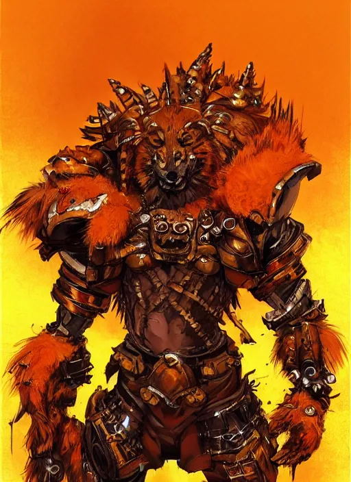 Prompt: Full body portrait of tall gnoll in golden armour and orange fur. In style of Yoji Shinkawa and Hyung-tae Kim, trending on ArtStation, dark fantasy, great composition, concept art, highly detailed, dynamic pose.