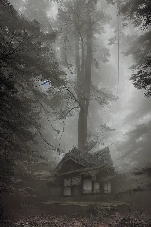 Image similar to Japanese abandoned temple in the woods, dark, moody, foggy, mysterious by Marc Simonetti