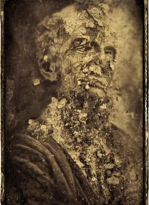 Image similar to old wetplate daguerreotype portrait of the necromancer, explosion of data fragments, fractal, intricate, elegant, highly detailed, parallax, leica, medium format, subsurface scattering, by jheronimus bosch and greg rutkowski and louis jacques mande daguerre
