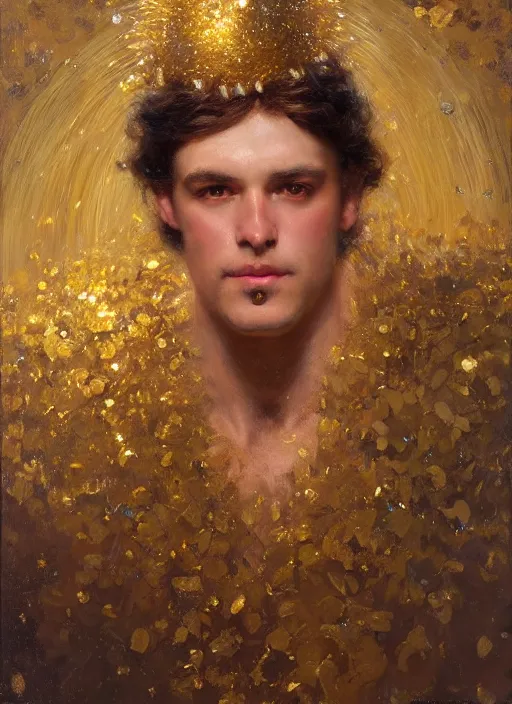 Prompt: portrait of a man dressed in a gold and silver costume, head shoot, art by alex heywood and gaston bussiere, albert lynch, fantasy art, reimagined by industrial light and magic, oil on canvas, hd