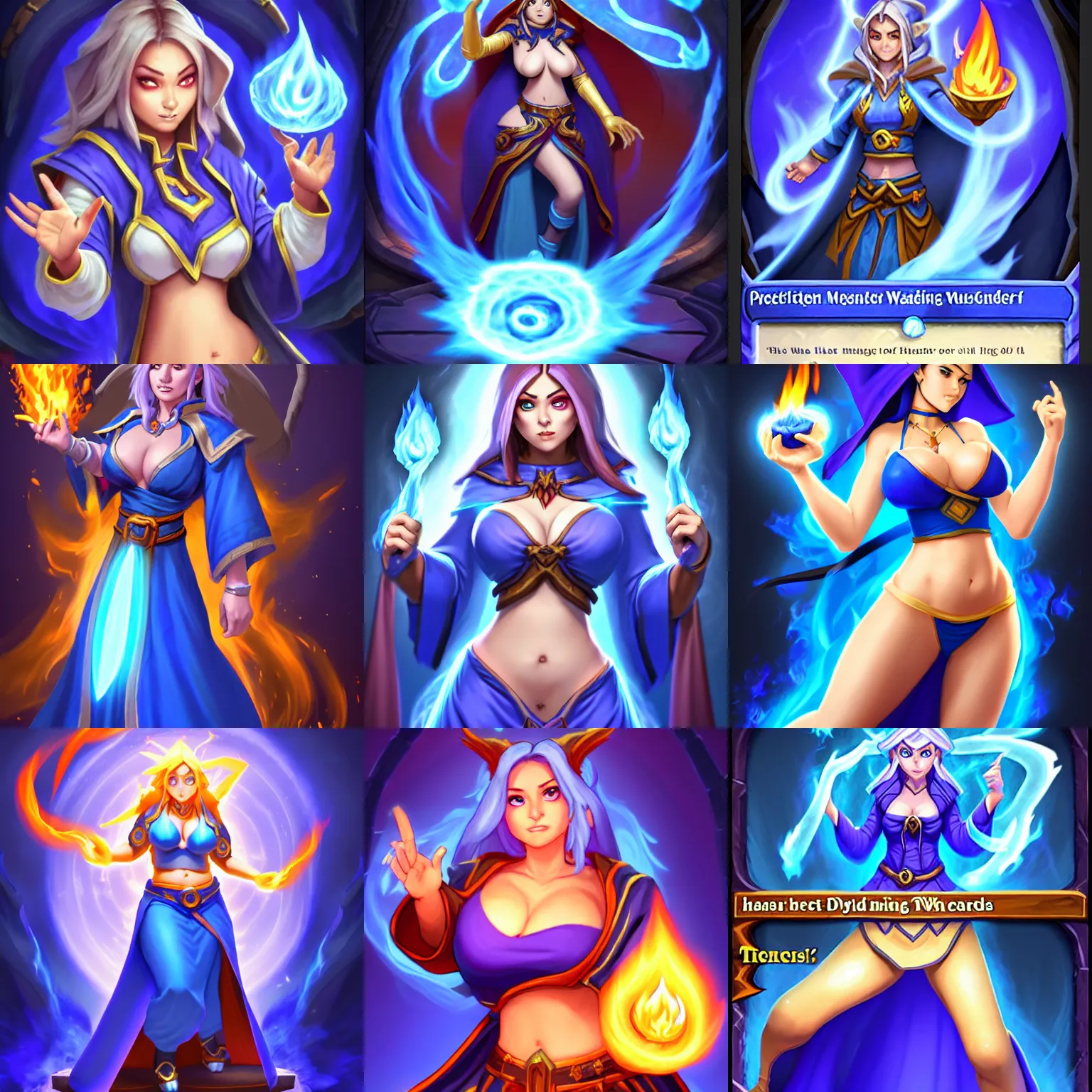 Prompt: Who : a female mage with a blue robe casting a fire spell; Physical : she has tinyest midriff ever, largest haunches ever, fullest body, small head, SFW huge breasts, wide hips, large hips, mega hips; Mega important : Hearthstone official splash art, SFW, perfect master piece, award winning