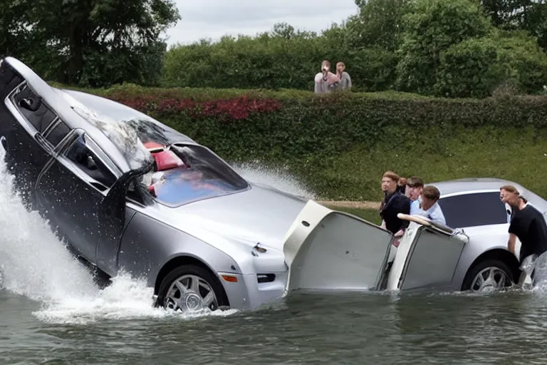 Image similar to Group of teenagers push Rolls-Royce into lake