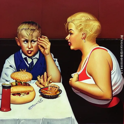 Image similar to painting of a boy with blonde hair watching an obese woman pray before she eats her hamburger, set in a diner, 1950’s, highly detailed, by Norman Rockwell,