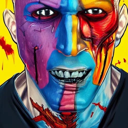 Image similar to Bright, colorful, realistic super hero Serial killer dating sim single individual full body and head shot gore covered with scars and tattoos screaming, backlighting, kodachrome, high contrast, highly detailed, sharp focus, digital painting, concept art, illustration, trending on artstation, comic book by Alex Ross cover art