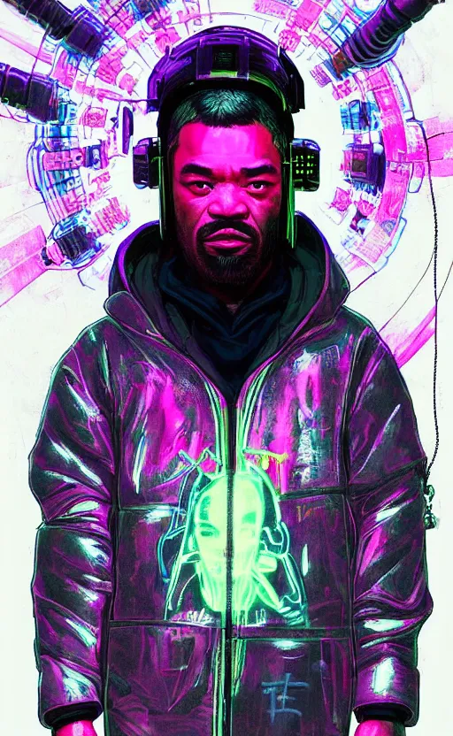 Image similar to detailed Method Man portrait Neon Operator, cyberpunk futuristic neon, reflective puffy coat, decorated with traditional Japanese ornaments by Ismail inceoglu dragan bibin hans thoma !dream detailed portrait Neon Operator Girl, cyberpunk futuristic neon, reflective puffy coat, decorated with traditional Japanese ornaments by Ismail inceoglu dragan bibin hans thoma greg rutkowski Alexandros Pyromallis Nekro Rene Maritte Illustrated, Perfect face, fine details, realistic shaded, fine-face, pretty face