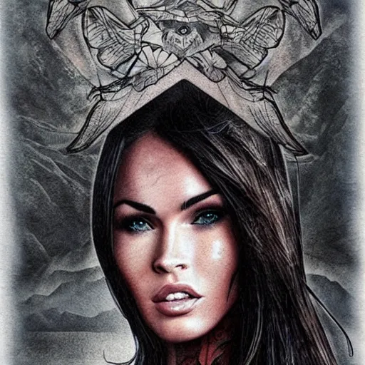 Image similar to tattoo design sketch of megan fox mash up effect with beautiful mountain scenery, in the style of matteo pasqualin, amazing detail