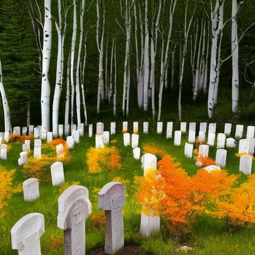 Prompt: landscape of Aspen Cemetery with a small orangish colored gnome who is cute and childlike with a hat and tabard leaning against a tombstones, fantasy, faerie, spirit, whimsical