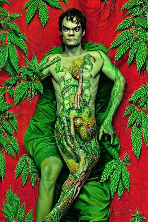 Prompt: hyper realistic portrait painting of bill hader ( intricate detail, hot neon green ornaments, marijuana ) wet, marijuana buds, by saturno butto, boris vallejo, austin osman spare and david kassan, by bussiere. occult art, occult diagram, red and green color scheme.