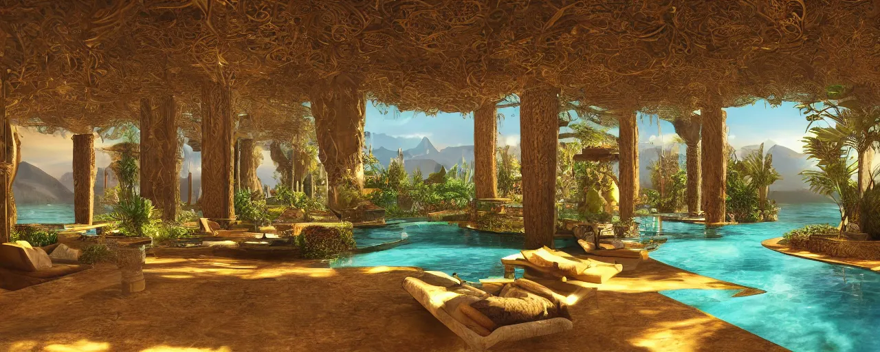 Image similar to surreal hyper luxury spa with intricate golden details with view to arid mountains and palm forest, ultra detailed, photorealism, sharp focus, volumetric light, global illumination