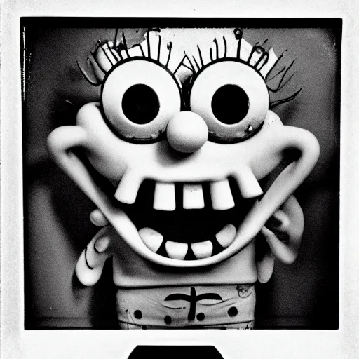 Image similar to demented creepy spongebob, scary, horror, gloomy, dark, terrifying, terror, frightful, realism, poloroid photo, old,