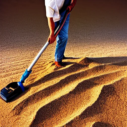 Prompt: beautiful photograph of a man vacuuming sand in a desert