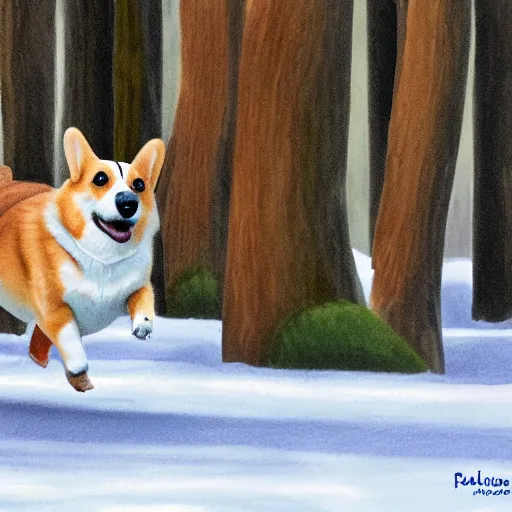 Prompt: A corgi running through trees by Paul Atreides