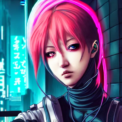 Image similar to An epic comic hyperrealistic portrait anime painting of a cyber warrrior girl wearing futuristic wardrobe, black and reddis, ultradetailed face expression trending on artstation and artbreeder, cyberpunk 2077 color, heavy rainning at tokyo night, neon light rooftop, unreal 5, DAZ, 8k, unreal 5 engine render, cosplay, RPG portrait, final fantasy Vll world concept, dramatic lighting, rim lights, PS5 render quality