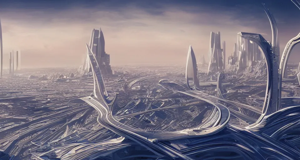 Prompt: view on futuristic city in the horizon, illustration by santiago calatrava, detailed, sharp, 8 k