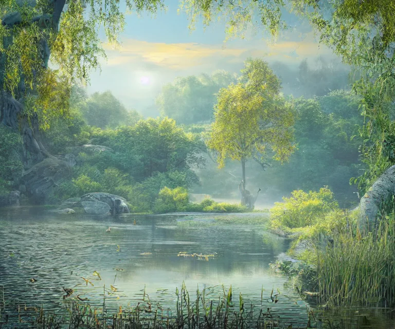 Prompt: a majestic blue heron in shallow river, waterfalls in distance, left border beautiful willow, right border cherry blosom trees, lily pads bullrushes marsh clouds, golden hour intricate luminescent matte painting, highly detailed, artstation