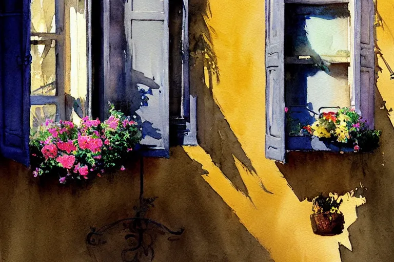 Image similar to abstract watercolor painting of spanish street, flowers in window, summer, magical and traditional, cinematic light, sharp shadows, daylight, national romanticism by anders zorn, by greg rutkowski, by greg manchess