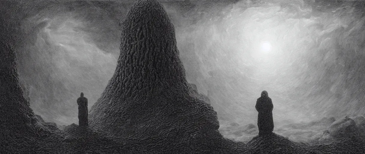 Image similar to an engraving portrait of yog sothoth, lovecraftian atmosphere, caspar david friedrich, foggy, depth, strong shadows, stormclouds, illuminated focal point, highly detailed