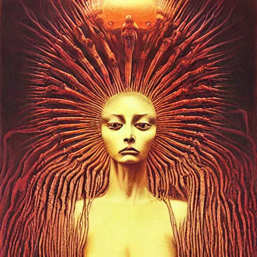 Image similar to the queen of the sun by zdzislaw beksinski and h. r. giger, oil on canvas