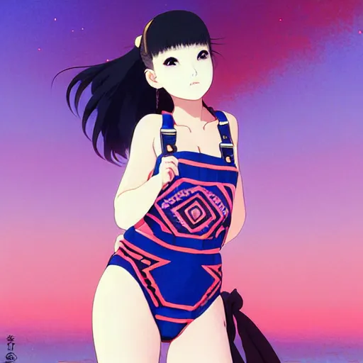 Image similar to a beautiful plus sized model japanese natalie portman, alluring plus sized model, wearing mayan leotard with overalls, street fashion hip hop style with mayan patterns, aztec street fashion, gapmoe yandere grimdark, trending on pixiv fanbox, painted by greg rutkowski makoto shinkai takashi takeuchi studio ghibli, akihiko yoshida