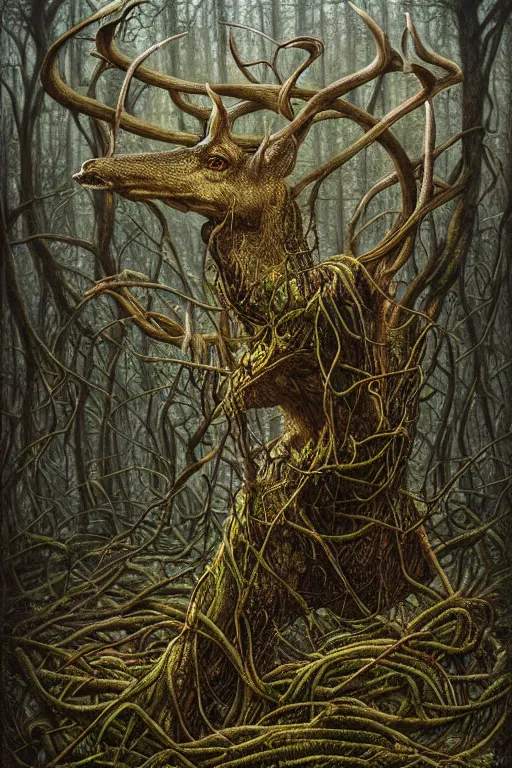 Image similar to deformed swamp deer twisted in vines and sludge by tomasz alen kopera.