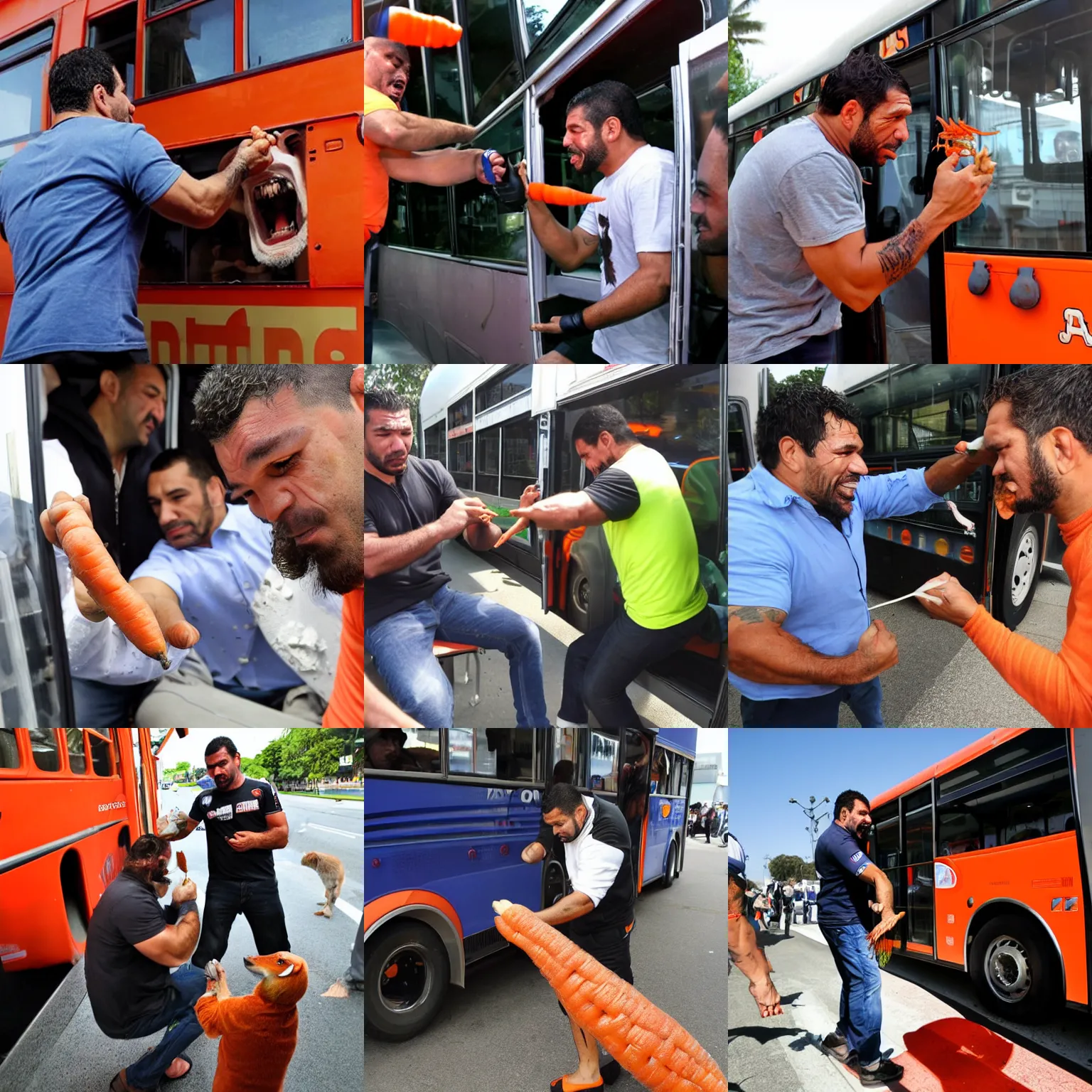 Prompt: antonio rodrigo nogueira feeds a carrot to a bus while antonio rogerio nogueira pets the bus with his hand ; the bus is eating a carrot while getting petted ; photo