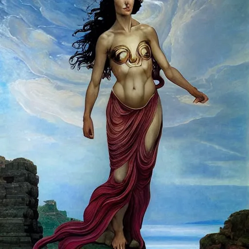 Prompt: Full body oil painting of the beautiful woman Gal Gadot, she is wearing a peplos and a surreal ornate, her hair is natural disheveled, she is approaching heaven, she is standing in some ancient ruins, naturalism, dramatic lighting, high-detailed oil painting by Ilya Repin, Michelangelo da Caravaggio, William Blake, Alex Grey and Beksinski, trending on Artsatio, hystorical painting, masterpiece, 4k, 8k,
