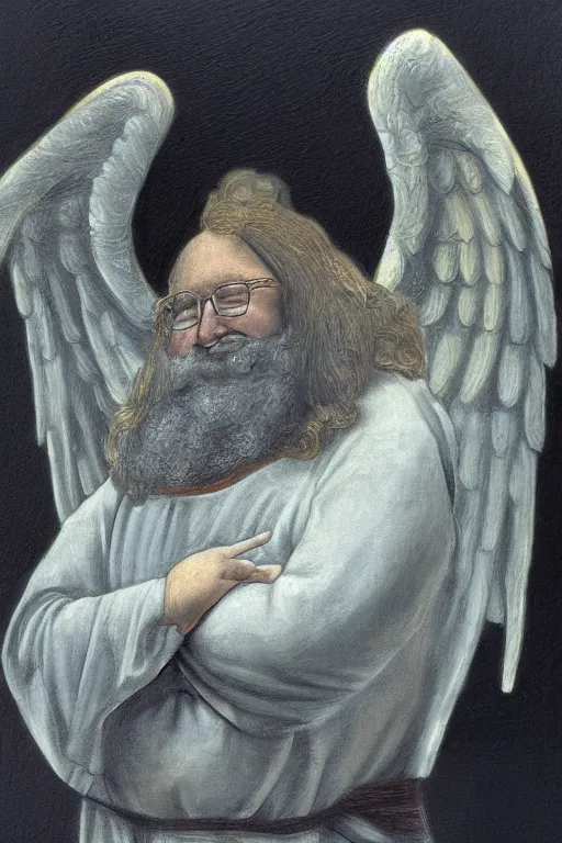 Prompt: oil portrait of Gabe Newell as an angel, in the style of Leonardo Davinci