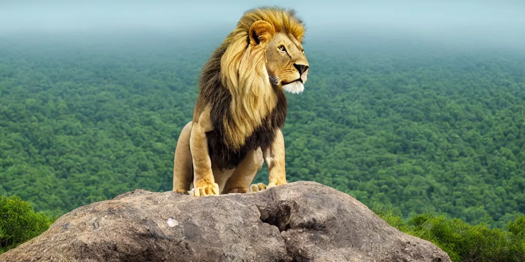 Image similar to hyperrealistic photo of a lion roaring on top of a rock over looking the jungle, 8 k